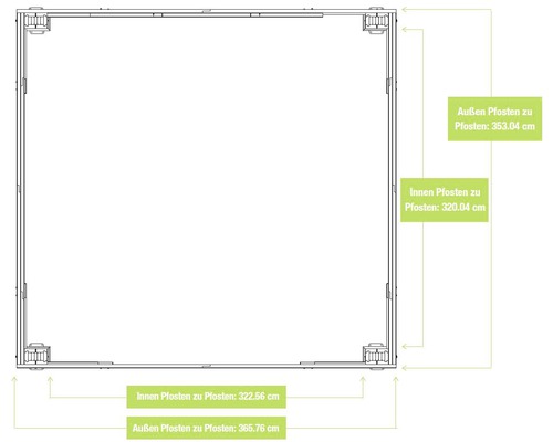 Bovenaanzicht van een tuinhuis met afmetingen van binnen- en buitenpalen