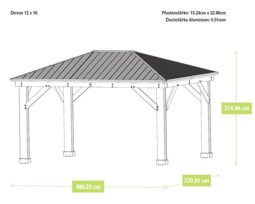 Technische tekening van een Devon Paviljoen 12 x 16 met maataanduidingen van de paal- en dakdikte.