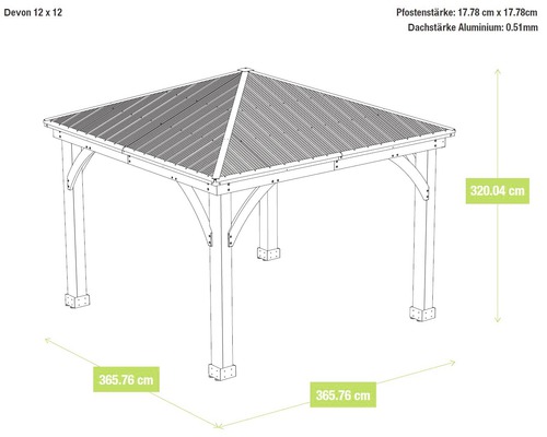 Afmetingen van de Devon Paviljoen 12 x 12 met paaldikte en dakdikte van aluminium