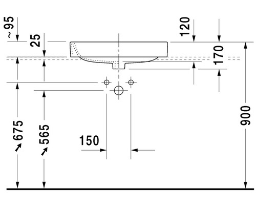Technische tekening van een wastafel met afmetingen