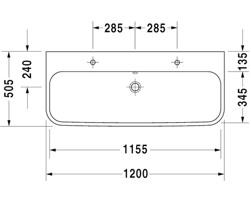 Technische tekening wastafel met maataanduidingen