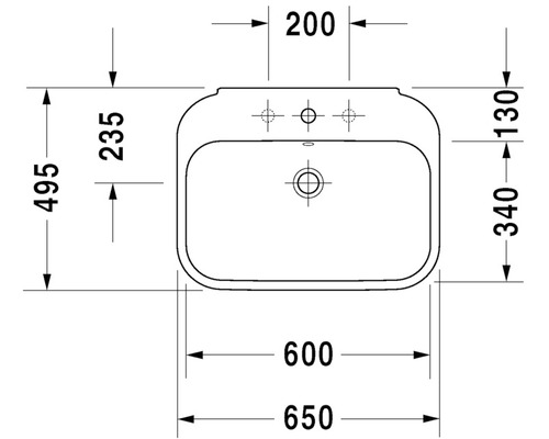 Technische tekening van een wastafel met afmetingen