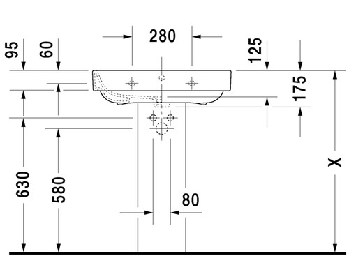 Technische tekening van een wastafel met maatvoering