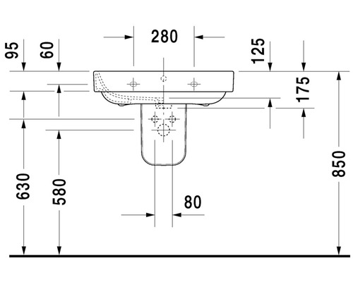 Technische tekening van een wastafel met maatvoering