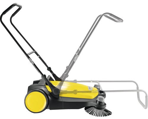 Gele en zwarte veegmachine met verstelbare handgreep.