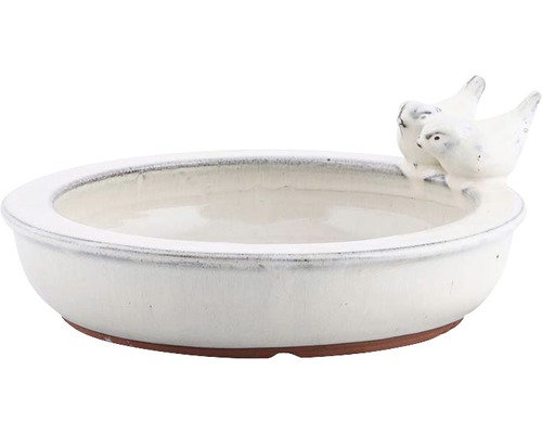 Keramische vogeldrinkbak met vogeldecoratie