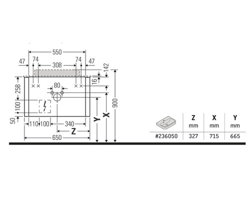 Technische tekening van een wastafel met afmetingen in millimeters