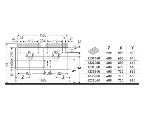 Technische tekening van een wastafelonderkast met afmetingen