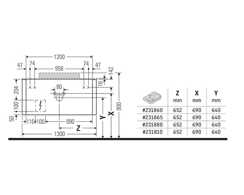 Technische tekening van een wastafel met afmetingen