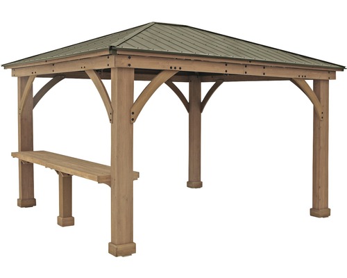 Houten tuinpaviljoen met metalen dak en zitgelegenheid