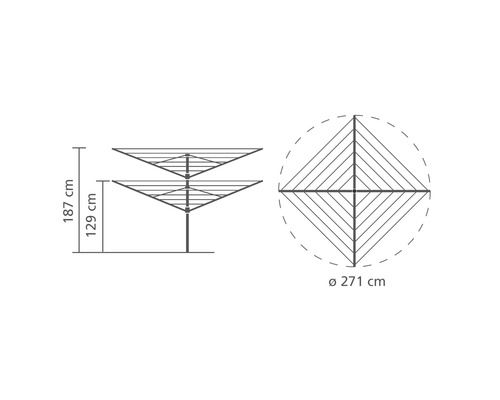 Technische tekening van een wasmolen met de afmetingen 187 cm hoog, 129 cm onderste hoogte en 271 cm diameter.