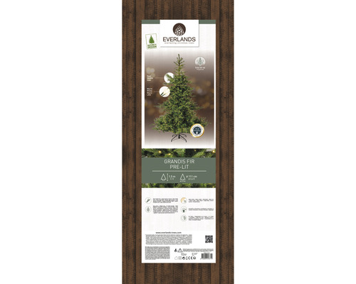 Verpakking van een Everlands Grandis spar met verlichting en een grootte van 1,5 meter