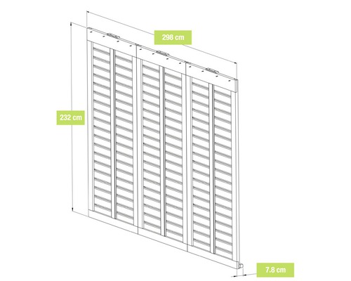 Afbeelding van een lamellenwand met de afmetingen 298 cm breed, 232 cm hoog en 7,8 cm diep.