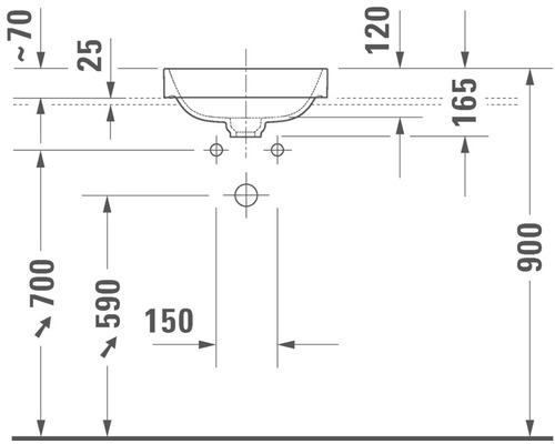 Technische tekening van een wastafel met maatvoering
