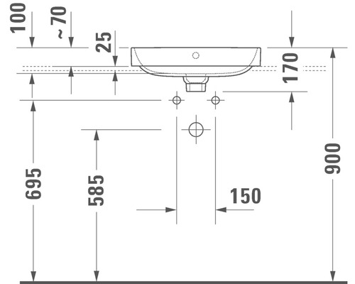 Technische tekening van een wastafel met afmetingen