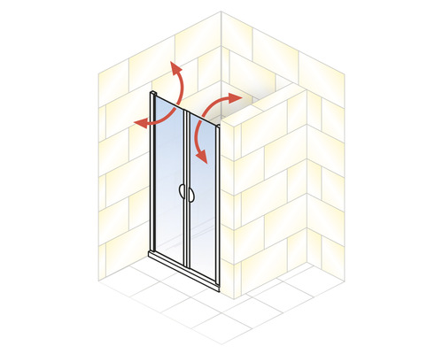 Douchecabine met vouwdeuren en rode pijlen om de flexibiliteit aan te duiden