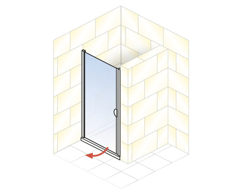 Hoekdouche met draaideur en rode pijl om het openingsbereik aan te geven