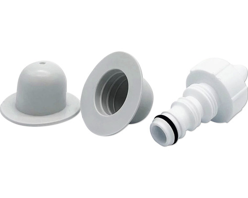 Drie zwembadaccessoires van kunststof: inlaatfitting, wanddoorvoer en slangaansluiting