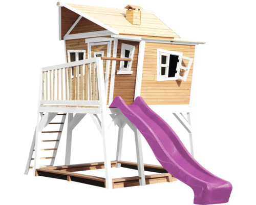 Speelhuis met glijbaan, ladder en zandbak van hout