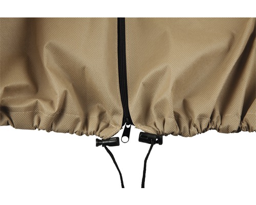 Detailopname van een beschermhoes met ritssluiting en trekkoord