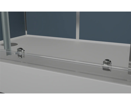 Detailaanzicht van een douchecabine met schuifdeur en bevestigingselementen