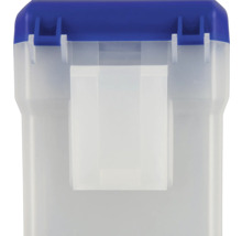 Detailopname van een transparante opbergdoos met blauw deksel
