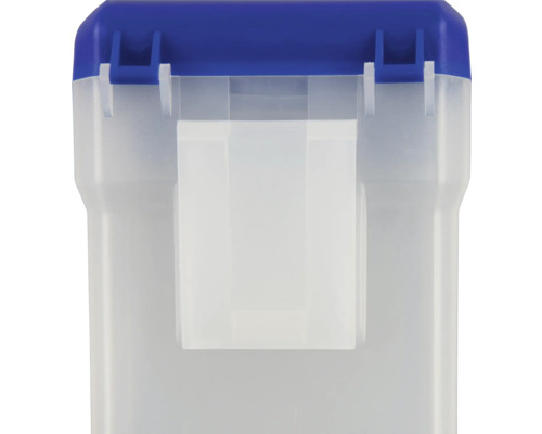 Detailopname van een transparante opbergdoos met blauw deksel