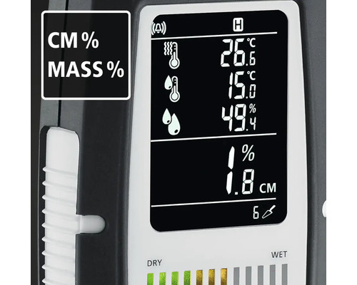 Display van een vochtmeter met temperatuur, luchtvochtigheid en materiaalvochtigheid in procenten.