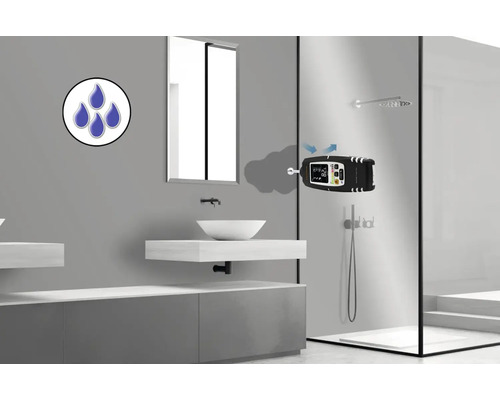 Moderne badkamer met vochtigheidssymbool en vochtmeter