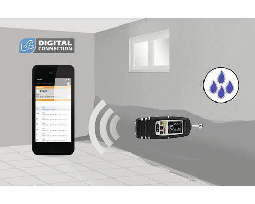 Vochtmeter in verbinding met een smartphone voor het meten van de vochtigheid van de muur