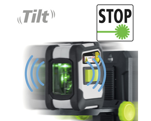 Symbool voor de kantelfunctie met kantelindicator en symbool voor de stopfunctie van de nivelleringslaser