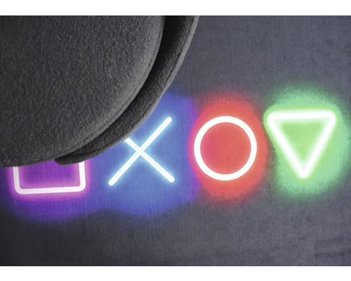 Detailopname van een headset boven een achtergrond met vierkant-, kruis-, cirkel- en driehoeksymbolen