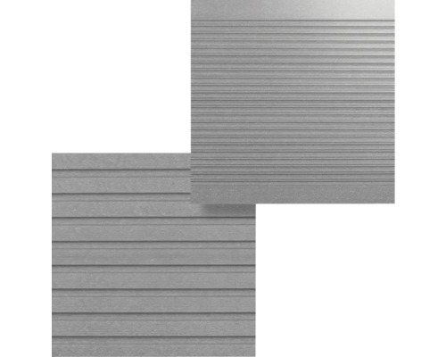 Grijze wandbekleding met horizontale ribbels.