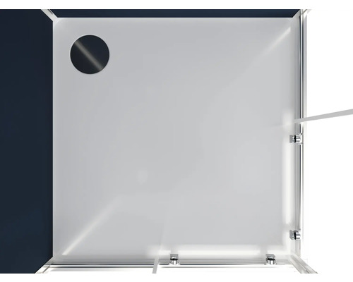 Bovenaanzicht van een douchecabine met glazen deuren en afvoer