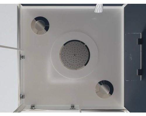 Bovenaanzicht van een douchecabine met hoofddouche en massagejets.