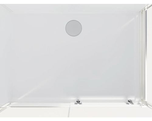 Binnenaanzicht van een douchecabine met ronde hoofddouche en armaturen