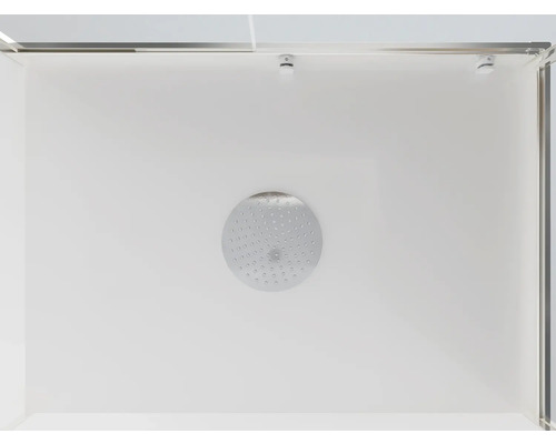 Blik in een douchecabine met douchekop aan het plafond