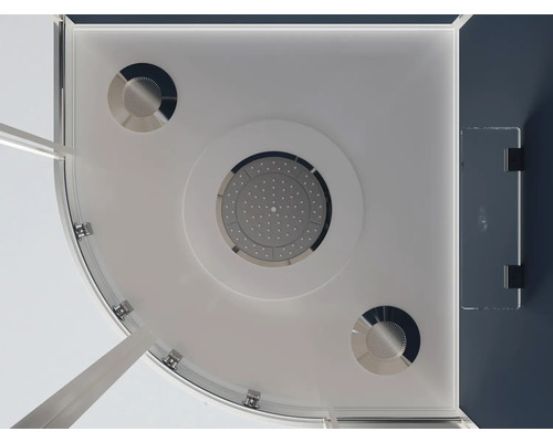 Bovenaanzicht van een douchecabine met hoofddouche en glazen deur