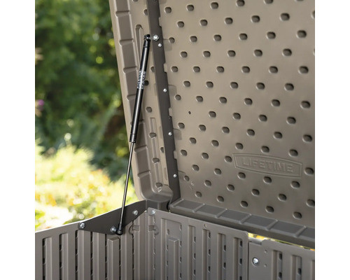 Detailweergave van het geopende deksel van een tuinkist met gasdrukveer