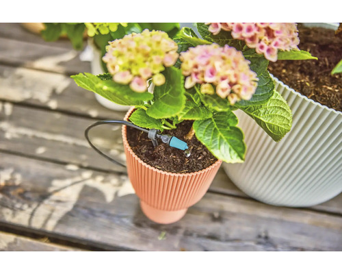 Bloempot met irrigatiesysteem en bloeiende plant op houten ondergrond