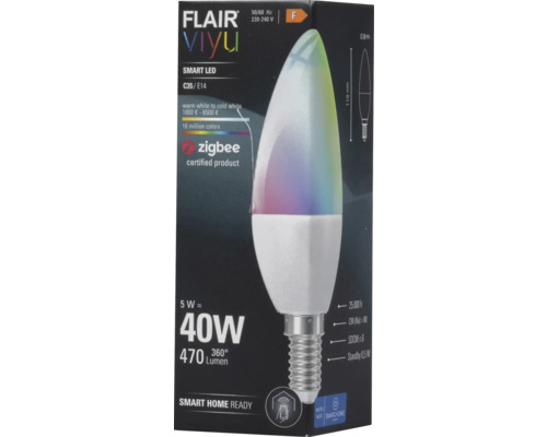 Verpakking van een Flair Viyu Smart LED lamp, C35/E14, met 16 miljoen kleuren en Zigbee gecertificeerd