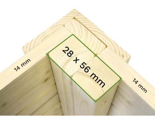 Detailaanzicht van een houten frame met de afmetingen 28 x 56 millimeter en 14 millimeter