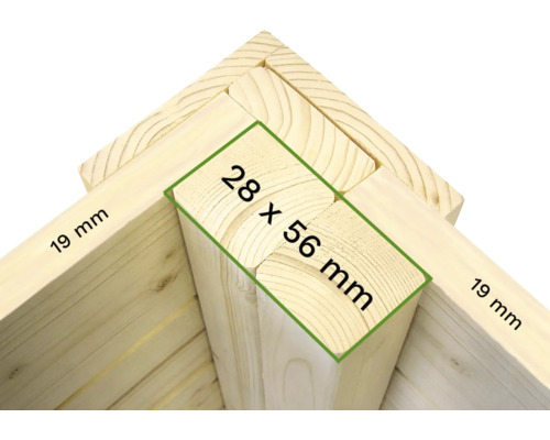Detailaanzicht van een houten constructie met afmetingen van 28 x 56 millimeter en 19 millimeter.