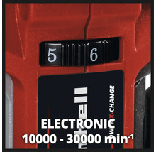 Detailopname van Einhell gereedschap met snelheidsregelaar tussen 5 en 6 en elektronische aanduiding 10000 tot 30000 toeren per minuut