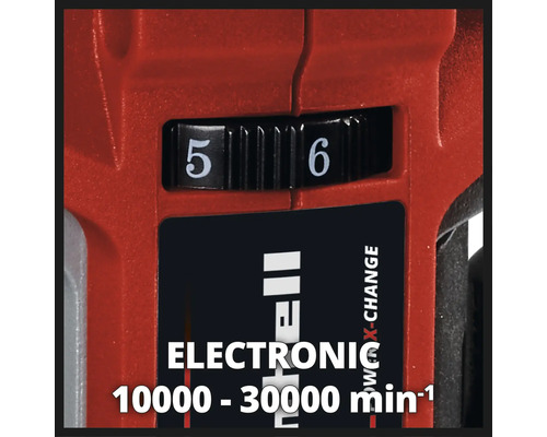 Detailopname van Einhell gereedschap met snelheidsregelaar tussen 5 en 6 en elektronische aanduiding 10000 tot 30000 toeren per minuut