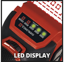 Leddisplay van een boormachine met snelheidsindicatie en overbelastingswaarschuwing