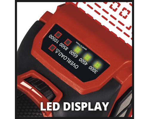 Leddisplay van een boormachine met snelheidsindicatie en overbelastingswaarschuwing