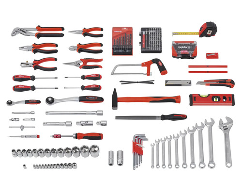 Gereedschap assortiment met tangen, schroevendraaiers, bits, hamer, zaag, meetgereedschap en schroefsleutels