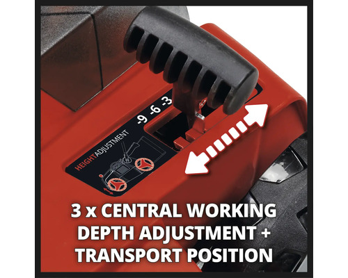 Hoogteverstelling met centrale werkdiepte-instelling en transportstand