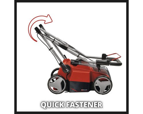 Einhell Logo. Grasmaaier met snelsluitingen om in te klappen.